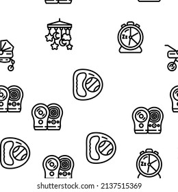 Newborn Baby Sleep Accessories Vector Seamless Pattern Thin Line Illustration