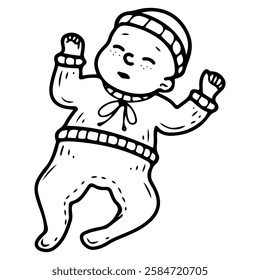 Newborn baby sleep lying on his back. Hand drawn doodle. Little child in cotton clothes. Sweater romper hat. Cute person. Vector line art illustration.