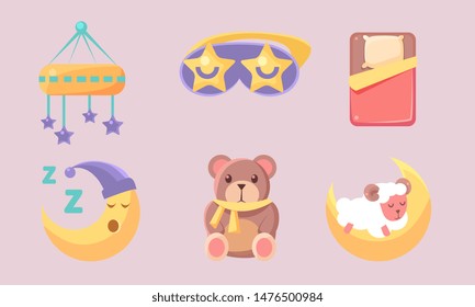 Newborn Baby Sleeping Accessories Set, Baby Shower Elements Vector Illustration