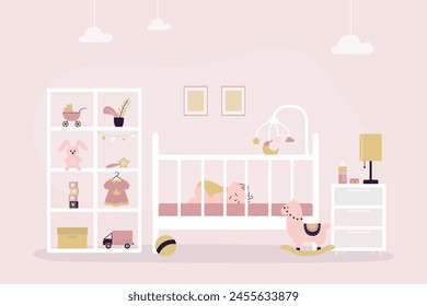 Bebé recién nacido durmiendo en una cuna. Dormitorio con cama, sonajero colgante, juguetes y botella. Habitación infantil, interior de la guardería con juguetes en el estante, cuadros en la pared. Dormitorio para bebé. Ilustración vectorial plana