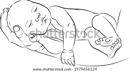 A newborn baby sleeping in his parents arms. Outline drawing. Sweet baby sleeping.