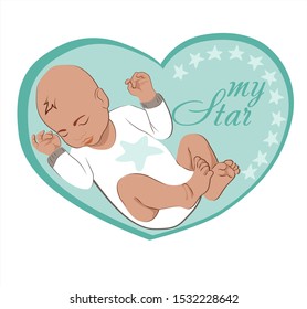 
Newborn baby sleeping on a blue heart background. My star is lettering
