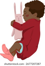 Um bebê recém-nascido dorme enquanto abraça seu brinquedo favorito. Ilustração vetorial. Ilustração em cores.