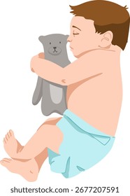 Un bebé recién nacido está durmiendo mientras abraza su juguete favorito. Ilustración vectorial. Ilustración en color.