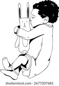 Un bebé recién nacido está durmiendo mientras abraza su juguete favorito. Ilustración vectorial. Ilustración en blanco y negro.