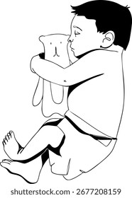 Un bebé recién nacido está durmiendo mientras abraza su juguete favorito. Ilustración vectorial. Ilustración en blanco y negro.