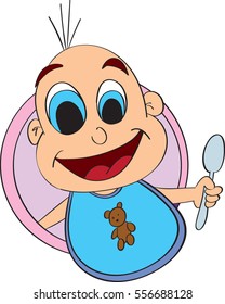 newborn baby with a spoon and bibs