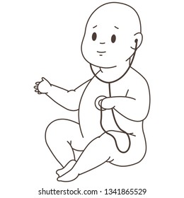 Newborn baby with stethoscope. Vector flat linear icon isolated on white background.
