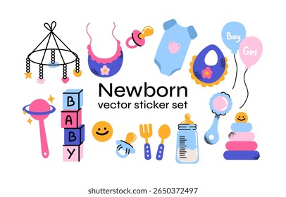 Conjunto de adesivos de bebê recém-nascido. Ícones de pastel bonito de roupas de bebê, brinquedos, garrafas, babacas, chupetas, chocalhos e blocos. Elementos vetoriais atraídos à mão adoráveis para chuveiro de bebê, berçário e projetos de criação.