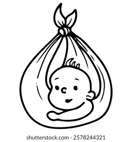 Newborn baby in stork's bag. Hand drawn doodle. Birthday. Little child wrapped in cotton fabric. Cute toddler. Vector line art illustration.