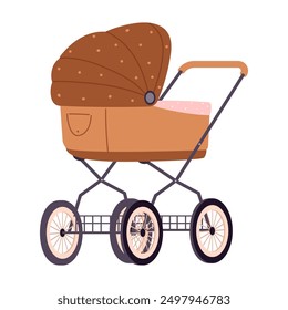 Newborn baby stroller. Retro children pushchair, vintage style kids carriage, safety transports for outdoor walking flat vector illustration. Cartoon baby wheeled pramsuit