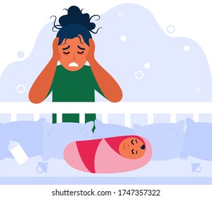 Newborn Baby And Tired Mom Concept. Depressed New Mother Leaning On Bed With Child, Holding Head, Feeling Sad And Anxiety. Flat Vector Illustration