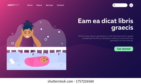 Newborn baby and tired mom concept. Depressed new mother leaning on bed with child, holding head, feeling sad and anxiety. Flat vector illustration