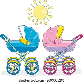 Newborn baby twins sleeping in their colorful baby carriages on a walk on a sunny day, vector cartoon illustration isolated on a white background