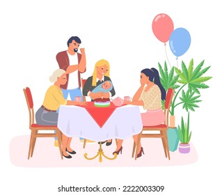 Newborn baby vector. Family holiday illustration. Young mother and father celebrating childbirth with friends scene. Happy parent care of infant kid. Parenthood, maternity and relationship