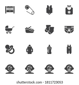 Newborn baby vector icons set, modern solid symbol collection, filled style pictogram pack. Signs, logo illustration. Set includes icons as baby carriage, clothing, diaper, milk bottle, pacifier, bath