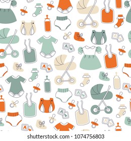 Newborn Baby Vector Seamless Background. Vector Doodle Elements.