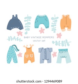 Newborn Baby vintage Bodysuits vector set. Classic Boho apparel for infants - icons. 
Illustration made in doodle style, colourful background.