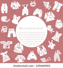 Newborn Baby vintage clothes silhouettes vector set. Classic Boho apparel for infants - icons. 
Illustration made in doodle style, colourful background.