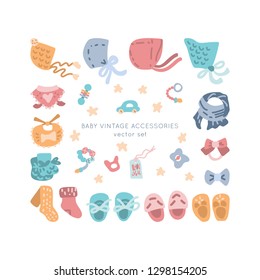 Newborn Baby vintage clothes and toys vector set. Classic Boho apparel for infants - icons. 
Illustration made in doodle style, colourful background.