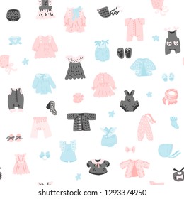 Newborn Baby vintage clothes vector set. Classic Boho apparel for infants. 
Illustration made in doodle style, colourful seamless background.