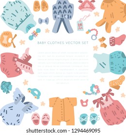 Newborn Baby vintage clothes vector set. Classic Boho apparel for infants - icons. 
Illustration made in doodle style, square frame. Vector handdrawn isolated square concept.