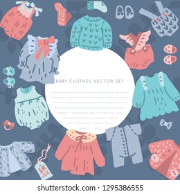 Newborn Baby vintage clothes vector set. Classic Boho apparel for infants - icons. 
Illustration made in doodle style, round frame. Vector handdrawn isolated circle concept.