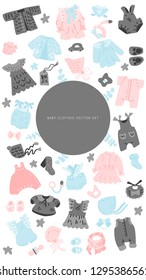 Newborn Baby vintage clothes vector set. Classic Boho apparel icons. 
Illustration made in doodle style, colourful background.Social media photo frame. Template for stories, ui, app, web.