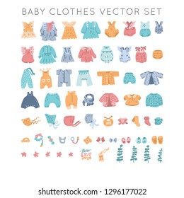 Newborn Baby vintage clothes vector set. Classic apparel for child, big bundle of clip art drawings. Garment handpainted vector icons. Textured illustration made in funny flat doodle style.