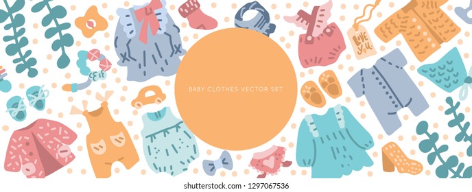 Newborn Baby vintage clothes vector set. Classic Boho apparel for infants - icons. 
Illustration made in doodle style, colourful background.Vector Horizontal header web template.
