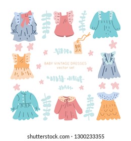 Newborn Baby vintage Dresses vector set. Classic Boho apparel for infants - icons. 
Illustration made in doodle style, colourful background.