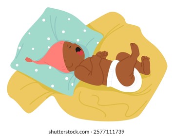 Newborn baby wearing diaper and hat crying feeling emotional stress, being neglected with parents while lying in cradle bed vector illustration. Cartoon infant child weeping expressing sadness