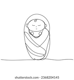 Newborn baby wrapped in a blanket in continuous one line art style. Simple vector illustration