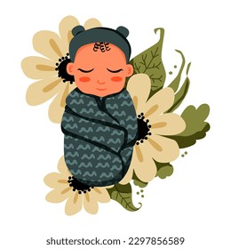 Newborn baby, wrapped in blanket. Little boy. Flowers and leaves. Sleeping infant, swaddled in cloth.  New born child. Vector illustration. 