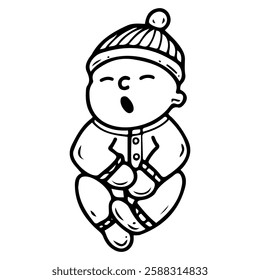 Newborn baby yawns in sleep. Hand drawn doodle. Little child in cotton clothes. Overalls, hat. Cute person. Vector line art illustration.