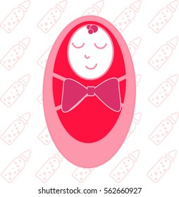 newborn baby-girl sleeping in a pink diaper with big bow. Birth of daughter