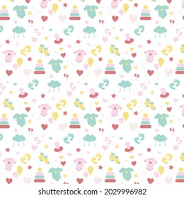 Newborn background, texture,  pattern, wallpaper with kids cartoon doodle toys. Educational games for children illustration. Baby shower. The icons are set. Collection of newborns newborns