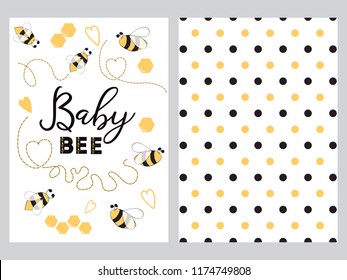 Newborn banner design set with text Baby bee with cute hand drawn bee honey sweet heart Yellow black polka dot bee template background Vector illustration. Baby Shower Boy or Girl birthday Love card