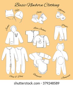 Newborn basic clothing set. Comfortable babies clothes from first days. Hats, mittens, socks, jacket, loose jackets, pants, sleep and play, bodysuits, and jumpsuit.