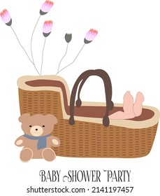 Newborn in the basket with flowers and bear