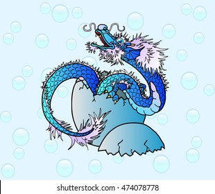 Newborn blue water asian dragon against bubble