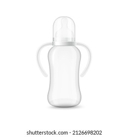 Botella recién nacida con tapa de plástico, teat and mangos, ilustración vectorial realista aislada sobre fondo blanco. Botella vacía para alimentar a bebés y niños en estilo 3d.