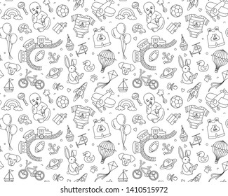 Newborn boy baby shower seamless pattern for textile, print, greeting cards, wrapping paper, wallpaper. For birthday celebration party. Vector illustration design thin line doodle style