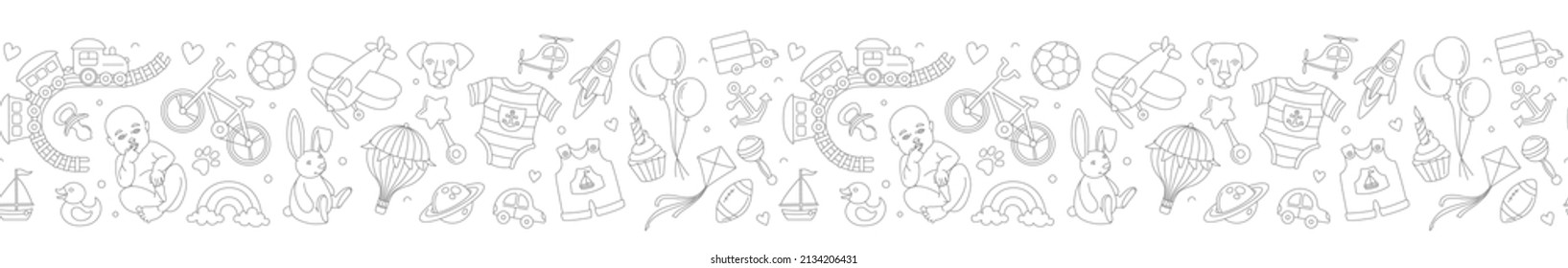 Newborn boy baby shower seamless pattern frame border. For birthday celebration party. Vector illustration design thin line doodle stile