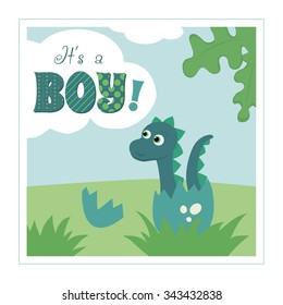 Newborn boy card with cute dinosaur. Lovely dino getting out of egg in prehistoric landscape vector cartoon design.