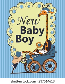 Newborn boy card vector giraffe and mouse 