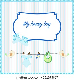 Newborn boy congratulate card with pattern background. Toys, bear, socks, dress, dummy, boots