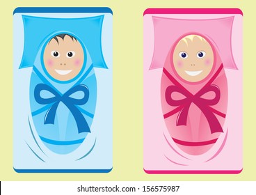 Newborn boy and the girl in beds