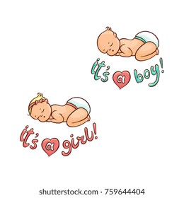 Newborn boy, girl infant sleeping, baby shower card lettering design, hand drawn cartoon vector illustration isolated on white background. Newborn baby sleeping, boy and girl