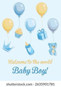 Newborn boy poster with baby announcement blue card, featuring balloons and baby elements in flat style for celebration and decoration use